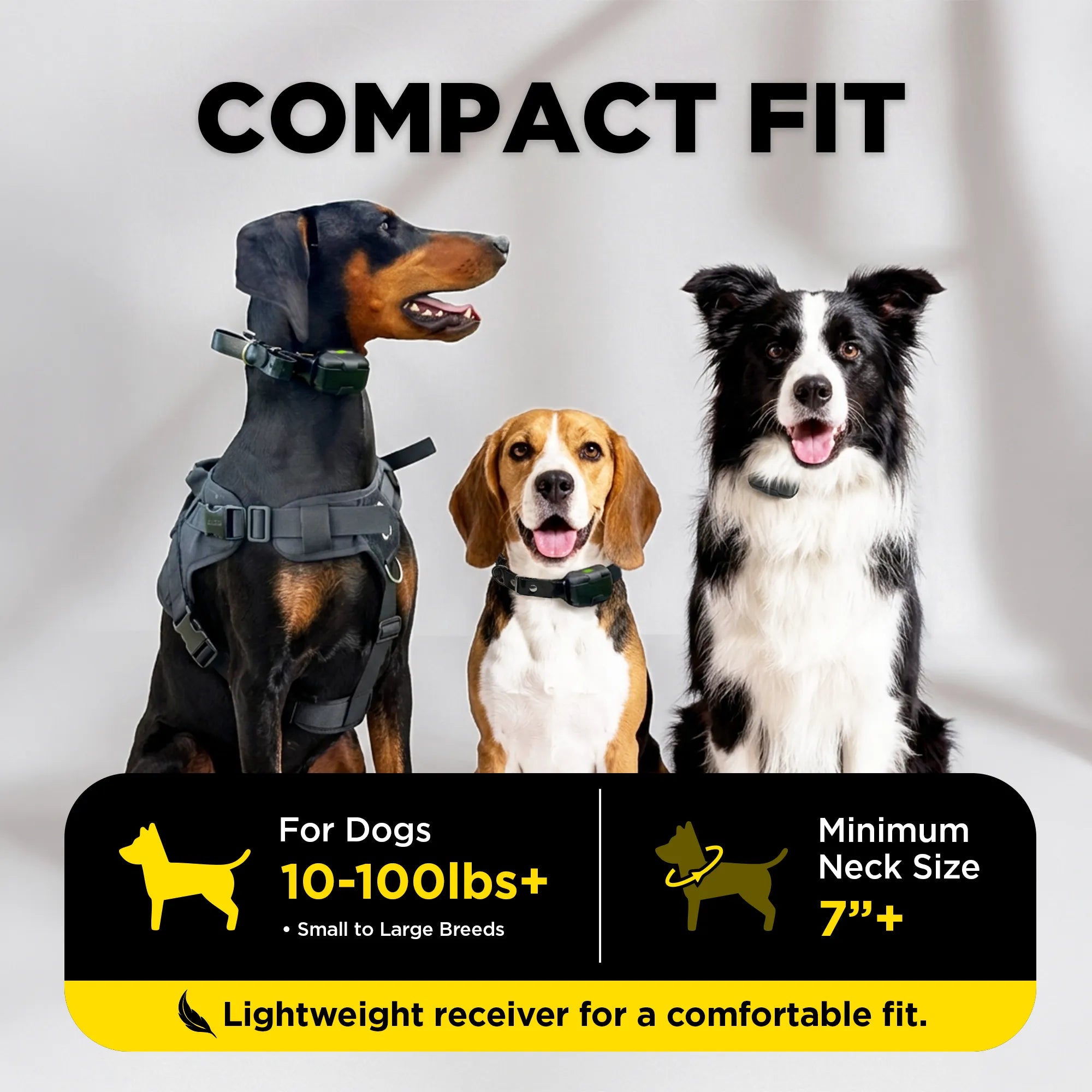 Three dogs wearing dog neck harnesses are shown against a light gray background with text reading 'COMPACT FIT' and product fit details for dogs 10-100 lbs+ and minimum neck size 7 inches.