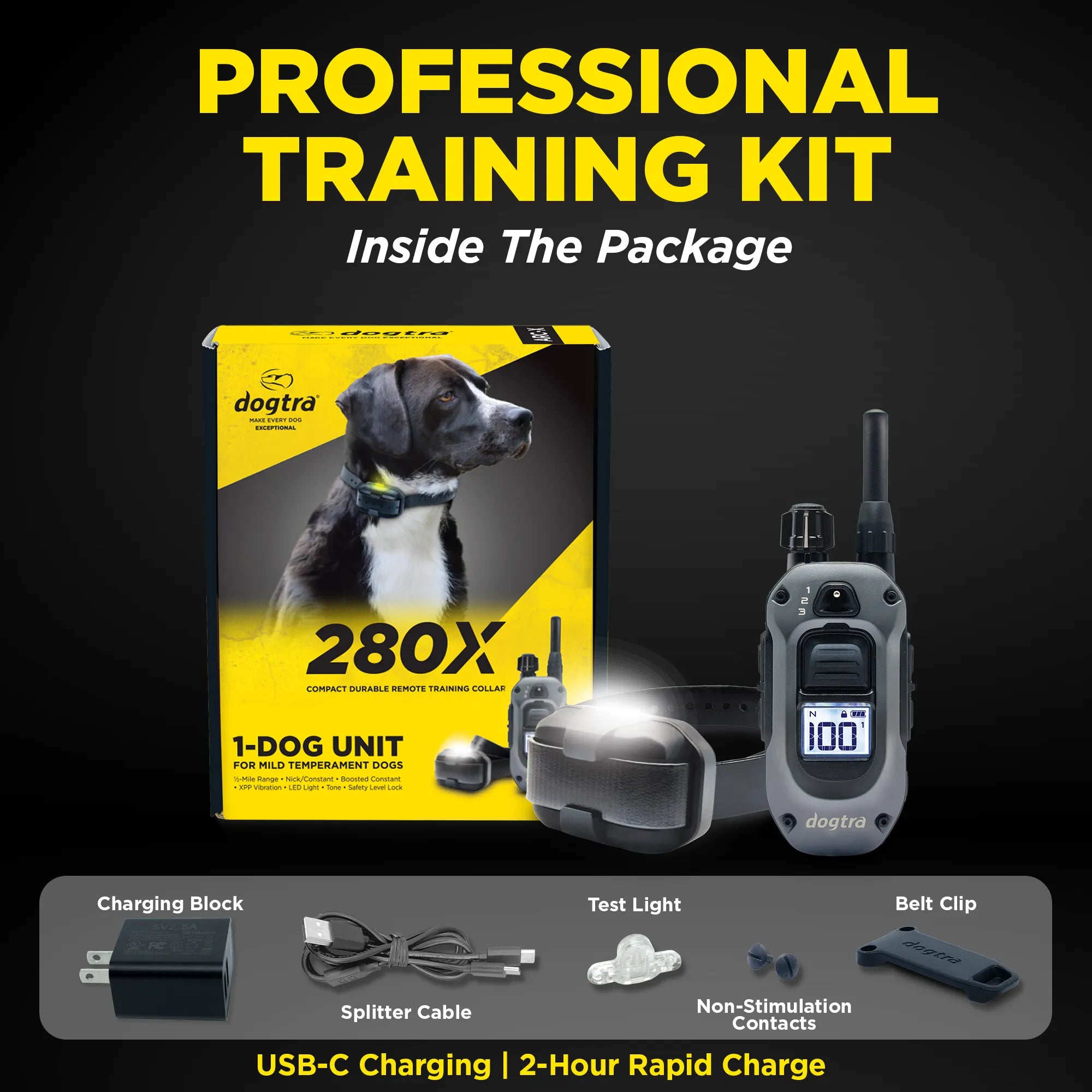 Dogtra 280X professional training kit shown with its retail box, remote control, collar, charging block, splitter cable, test light, and belt clip on a dark background with large yellow text reading 'PROFESSIONAL TRAINING KIT'.