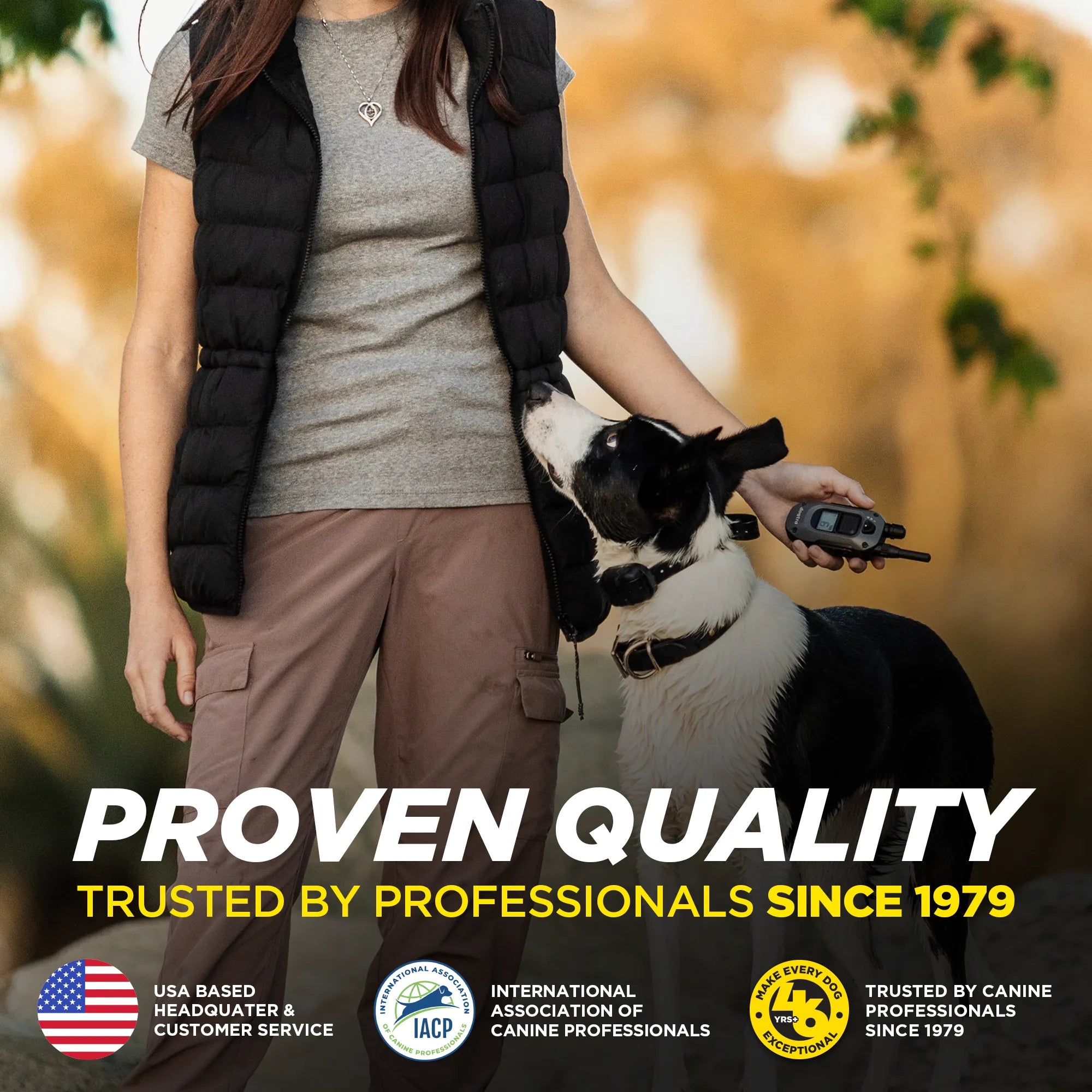 A promotional outdoor graphic showing a woman standing a black and white dog with a 280X transmitter in her hand. Large text reads 'PROVEN QUALITY' and 'TRUSTED BY PROFESSIONALS SINCE 1979,' with a logo at top left and certification marks along the bottom.