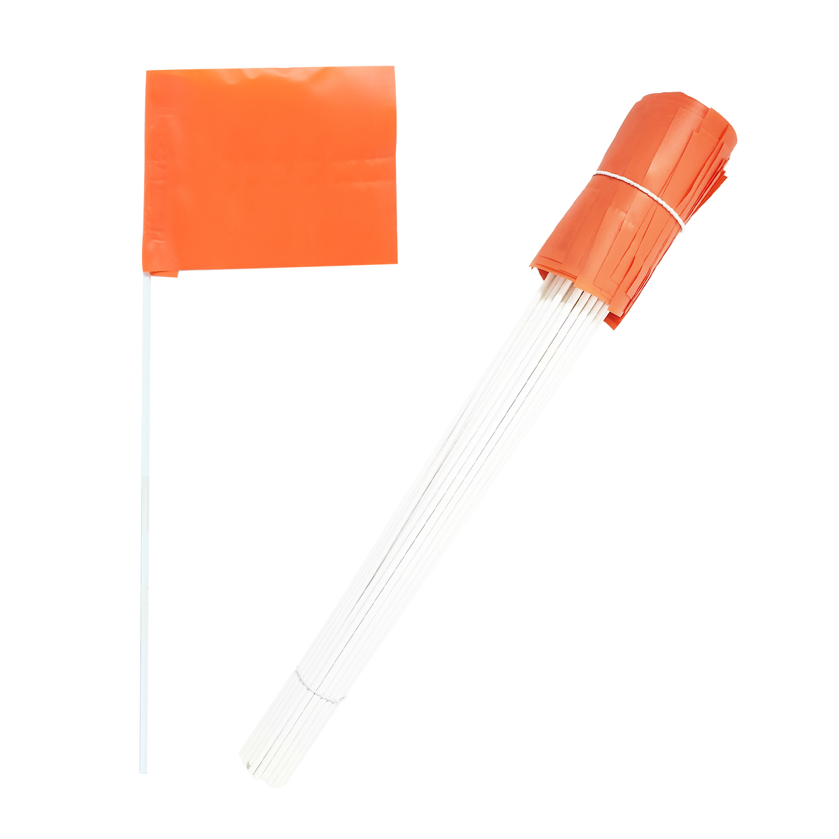 Orange rectangular flag on white pole and bundled orange flags with white stems.