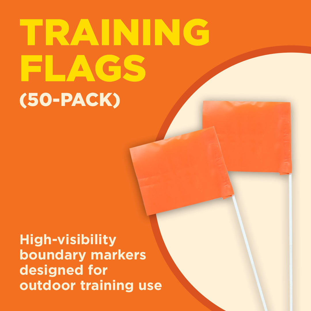 Two orange flags with white poles against orange background, 50-pack training flags.