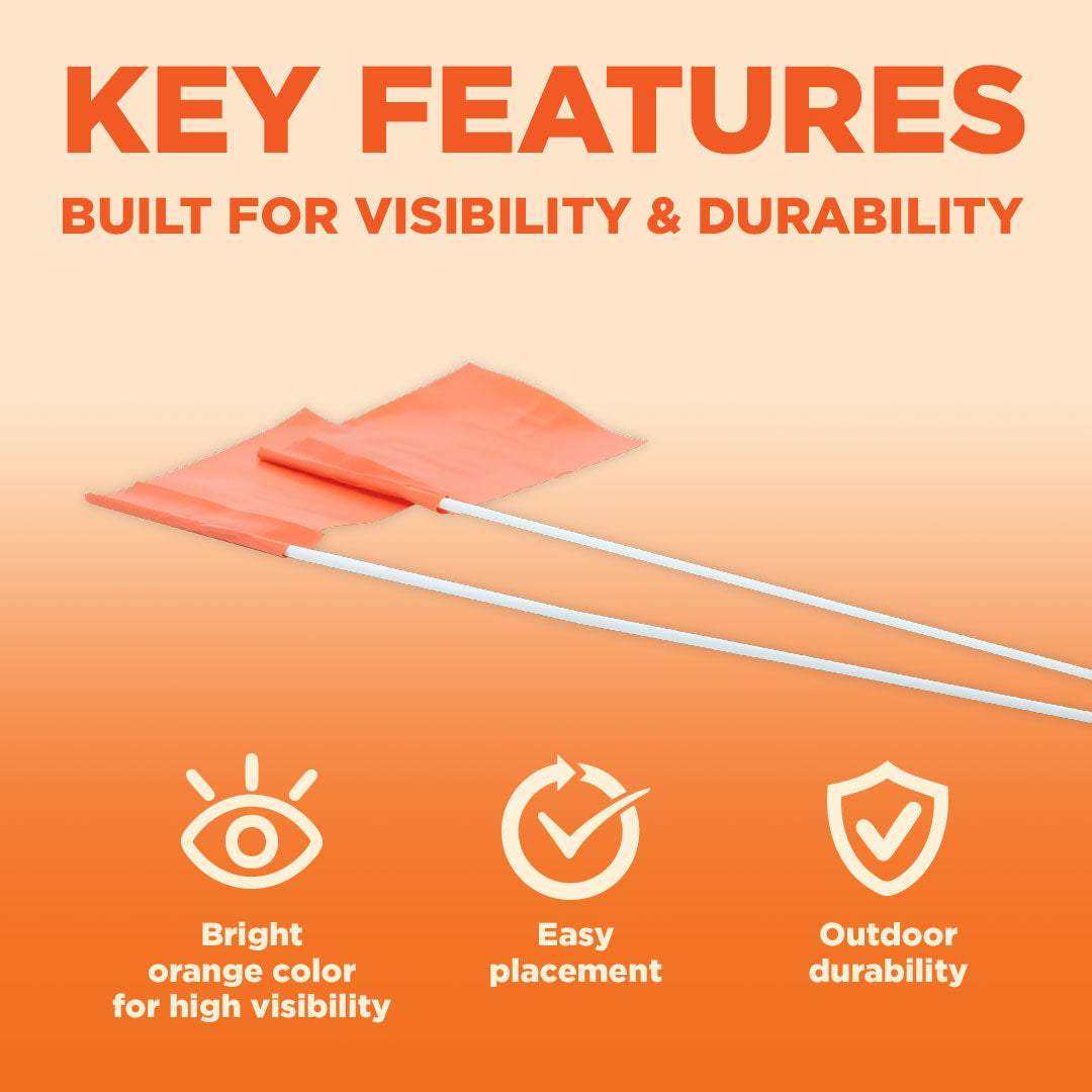 Orange training flags with white poles displayed at an angle on gradient background.