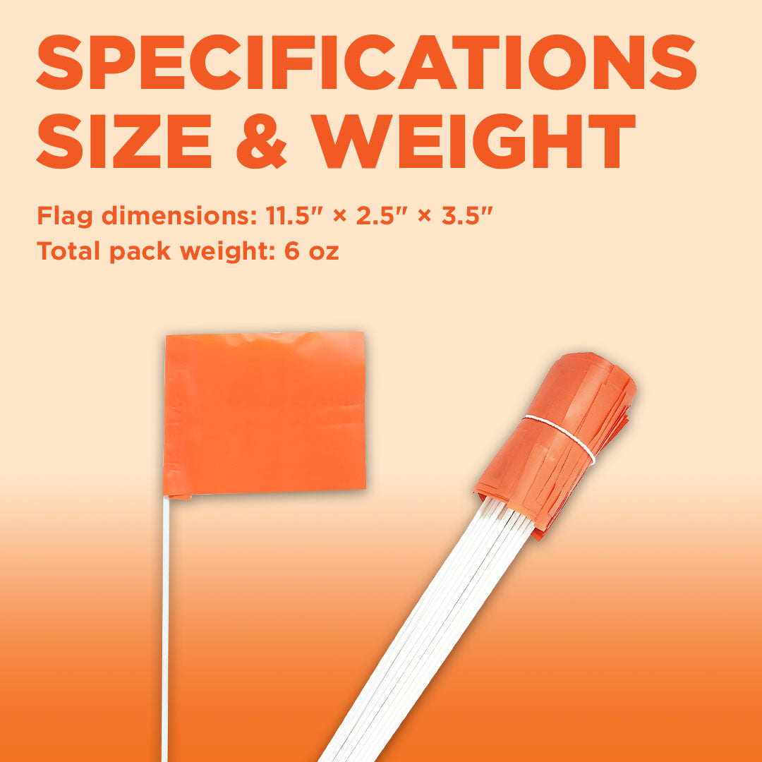 Orange flag with white pole on left, bundled orange flags with white handles on right, against gradient orange background.