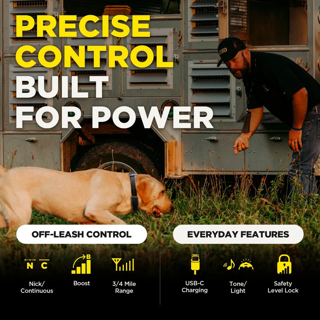 A man in a black shirt and cap interacts with a light-colored dog wearing a collar next to a vehicle, with large text reading 'PRECISE CONTROL BUILT FOR POWER' and feature callouts for off-leash control and everyday features.