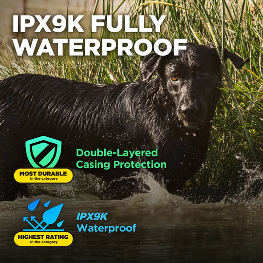 A black dog standing in shallow water among tall grass, with large promotional text reading 'IPX9K FULLY WATERPROOF' and feature callouts including 'Double-Layered Casing Protection' and 'IPX9K Waterproof.'.