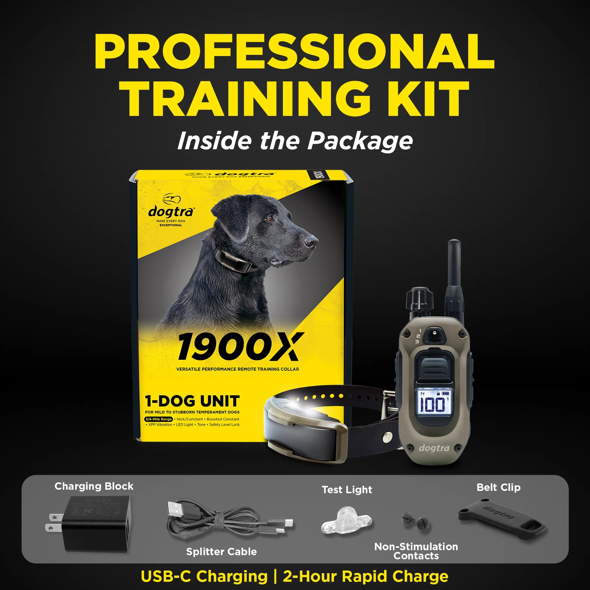 Dogtra 1900X professional training kit shown with its retail box, handheld transmitter, collar, charging block, splitter cable, test light, and non-stimulation contacts on a black background with large yellow text.