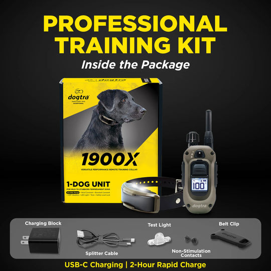 Dogtra 1900X professional training kit shown with its retail box, handheld transmitter, collar, charging block, splitter cable, test light, and non-stimulation contacts on a black background with large yellow text.