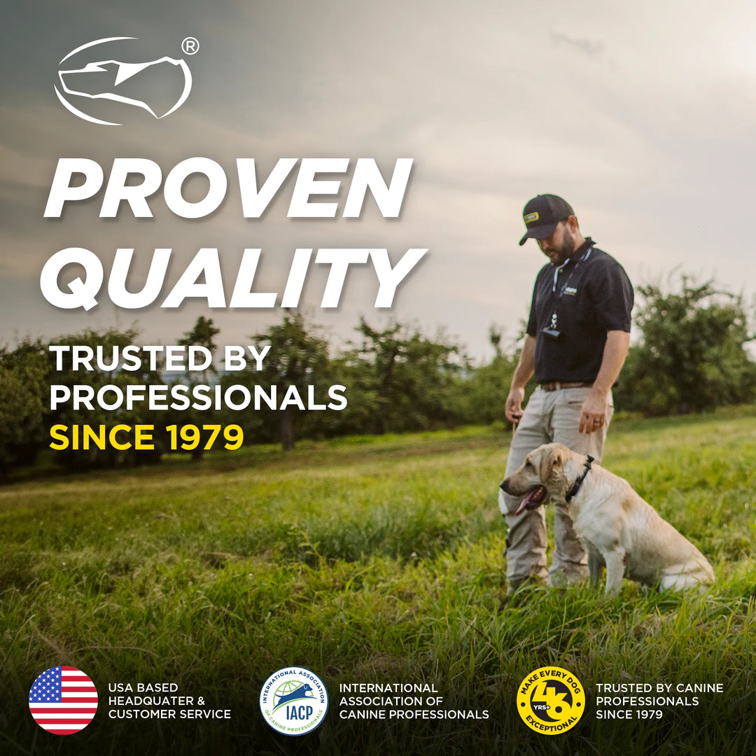 A promotional outdoor graphic showing a man standing in a grassy field with a light-colored dog. Large text reads 'PROVEN QUALITY' and 'TRUSTED BY PROFESSIONALS SINCE 1979,' with a logo at top left and certification marks along the bottom.
