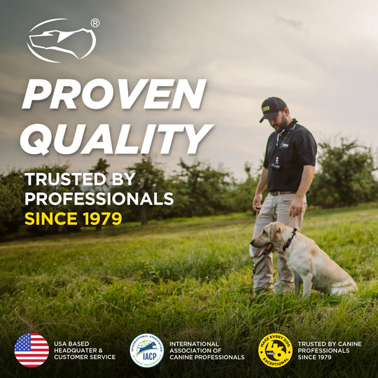 A promotional outdoor graphic showing a man standing in a grassy field with a light-colored dog. Large text reads 'PROVEN QUALITY' and 'TRUSTED BY PROFESSIONALS SINCE 1979,' with a logo at top left and certification marks along the bottom.