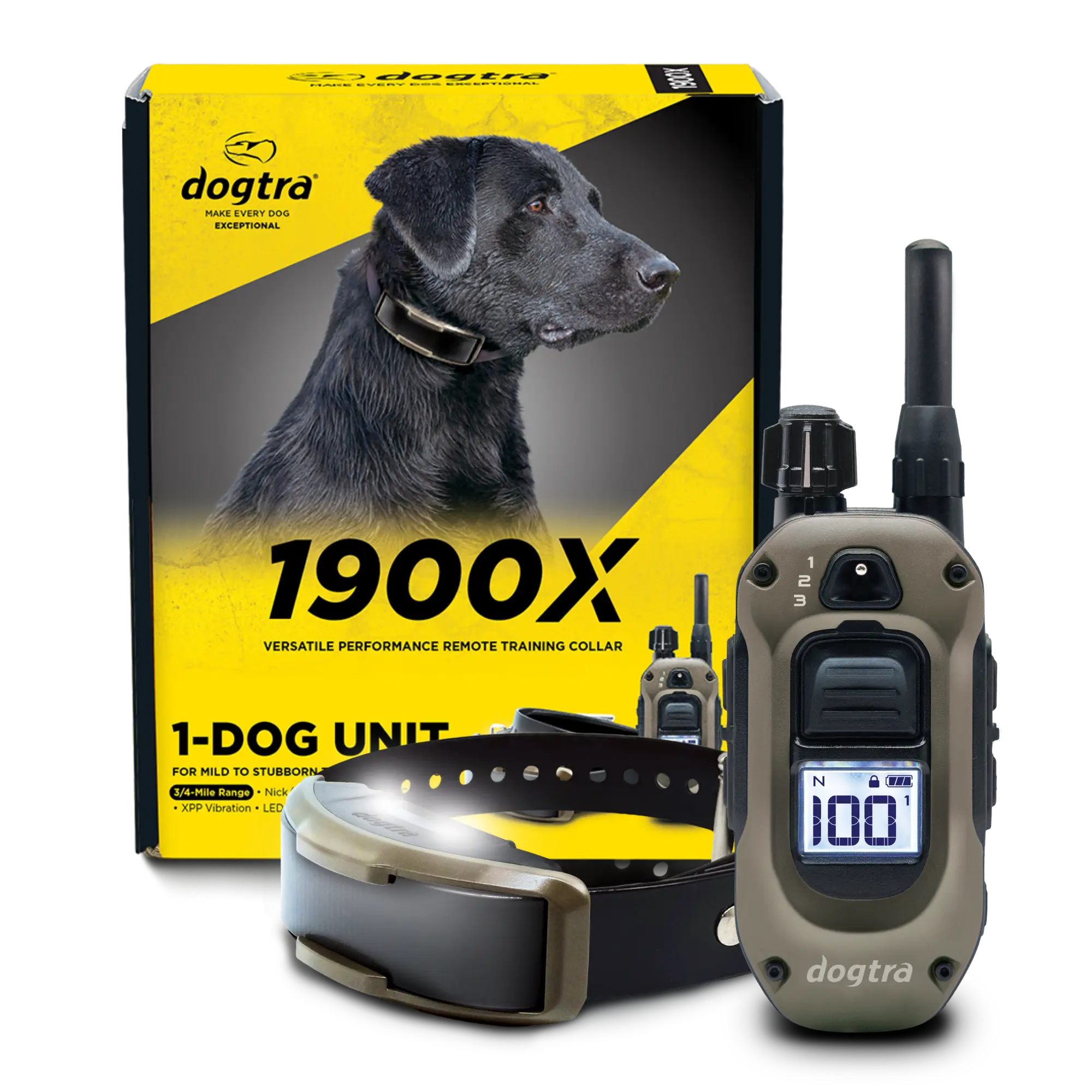 Dogtra 1900X 1-dog unit remote training collar set, featuring a gray and black remote control, a black collar with LED light, and the yellow and black retail packaging box with a black dog graphic.