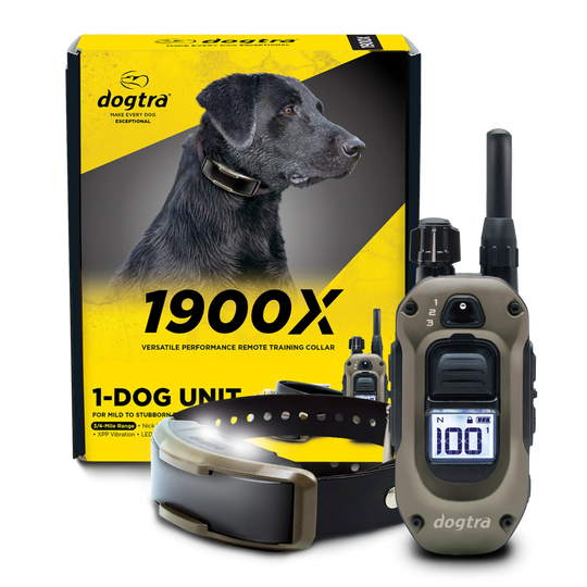 Dogtra 1900X 1-dog unit remote training collar set, featuring a gray and black remote control, a black collar with LED light, and the yellow and black retail packaging box with a black dog graphic.
