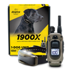 Dogtra 1900X 1-dog unit remote training collar set, featuring a gray and black remote control, a black collar with LED light, and the yellow and black retail packaging box with a black dog graphic.