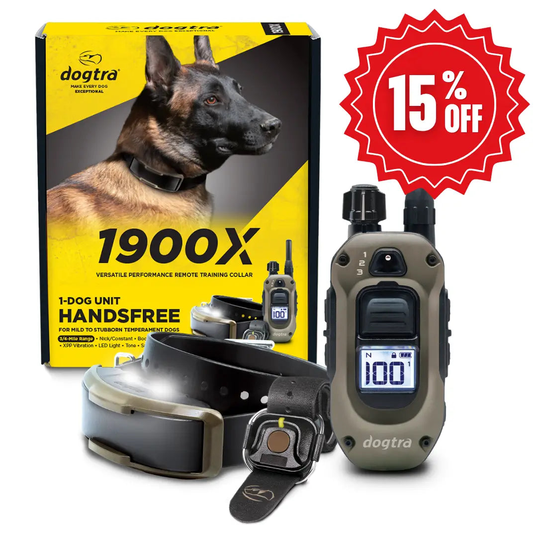 Dogtra 1900X HANDSFREE remote training collar with packaging and a 15% off badge.