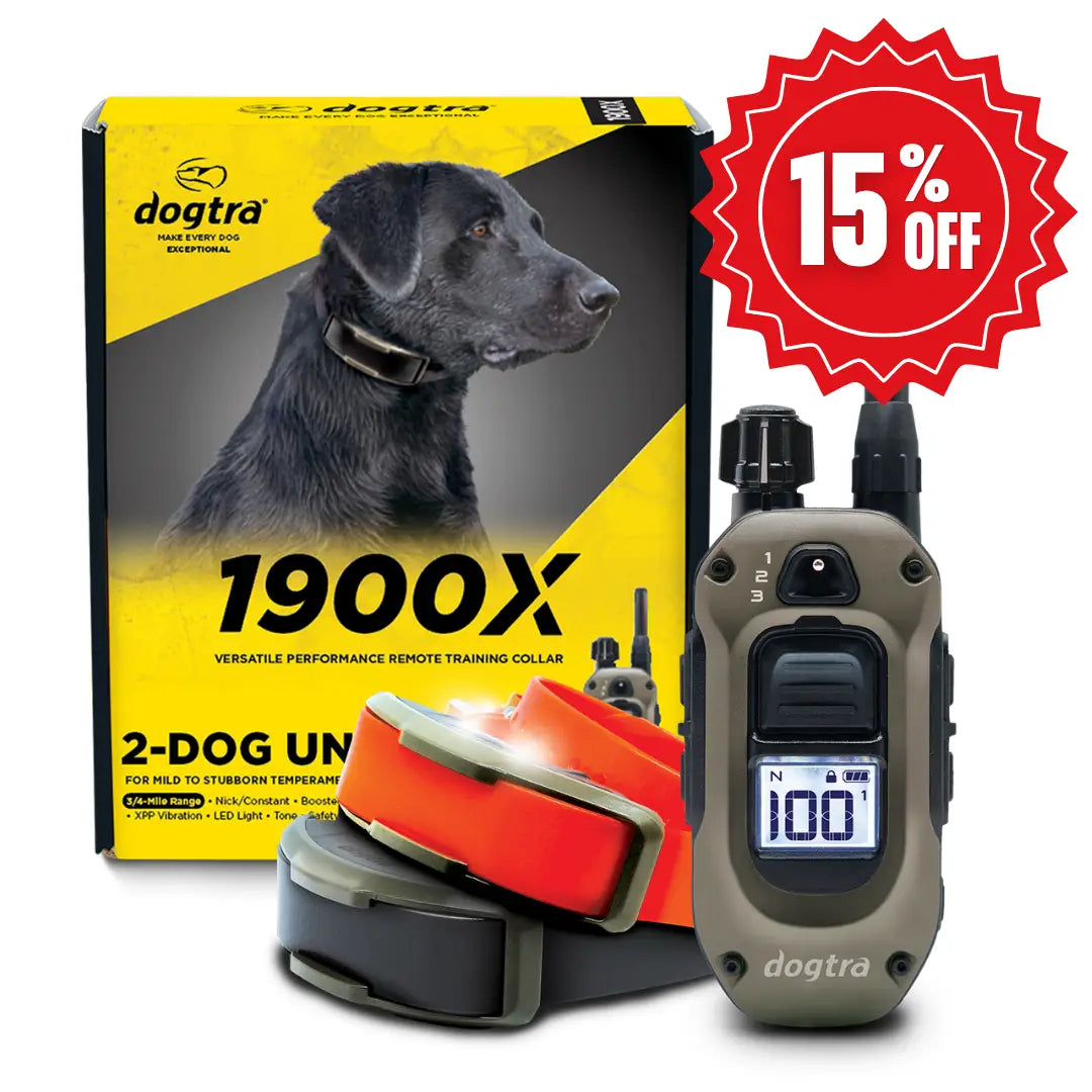Dogtra 1900X 2-DOG remote training collar with packaging and a 15% off badge.