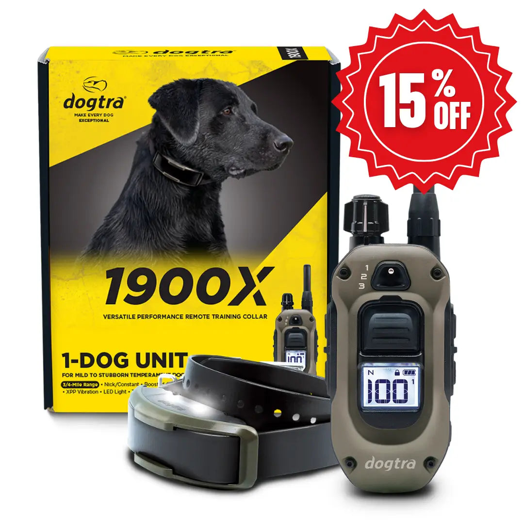 Dogtra 1900X remote training collar with packaging and a 15% off badge.