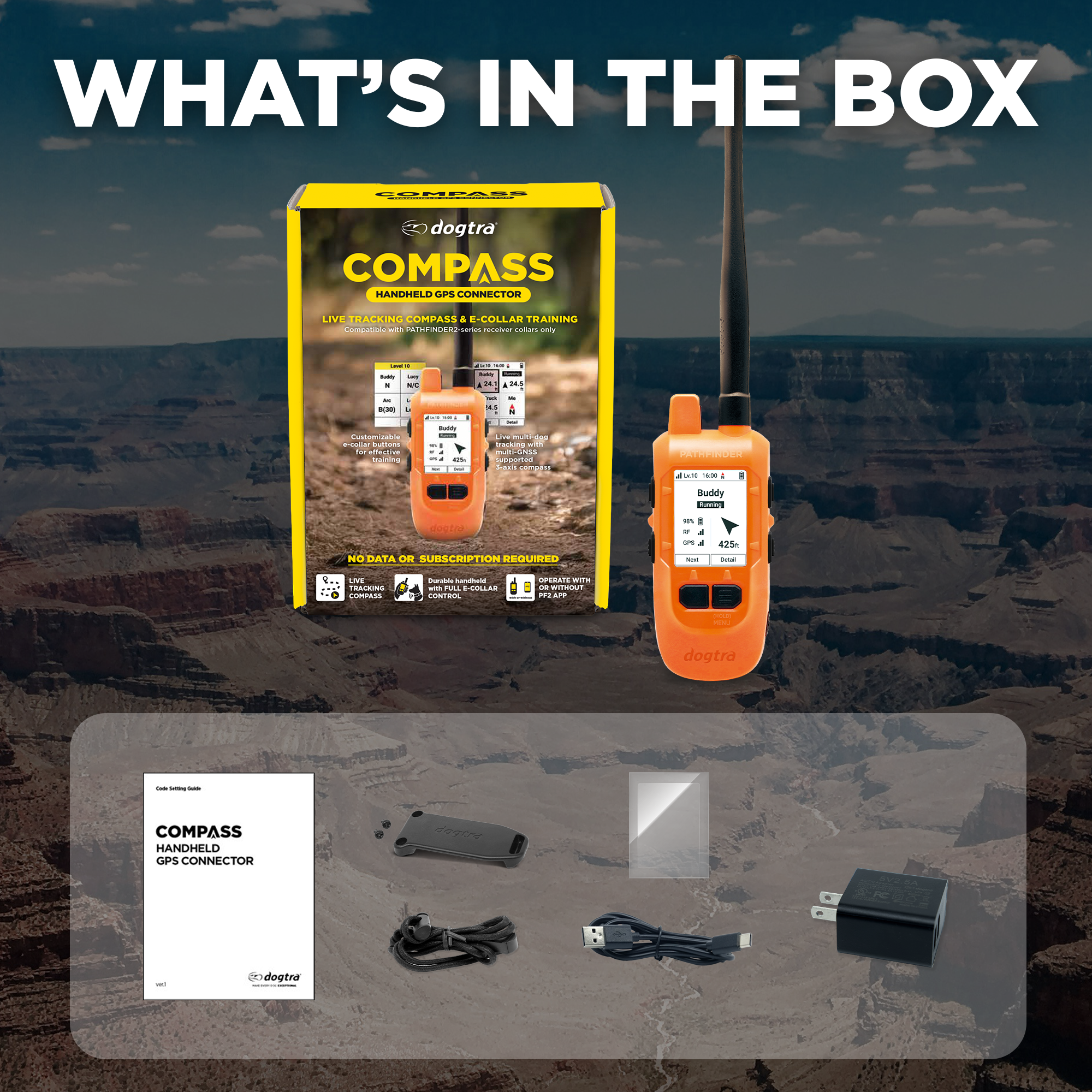 Orange Dogtra Compass handheld GPS device with packaging, user manual, charging cable, and USB adapter included.