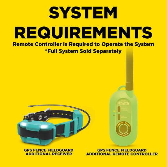 Yellow informational graphic titled 'SYSTEM REQUIREMENTS' stating that a remote controller is required to operate the system and that the full system is sold separately. It shows a turquoise GPS fence fieldguard collar with a black wire and a light green remote controller labeled 'GPS FENCE FIELDGUARD ADDITIONAL REMOTE CONTROLLER'.