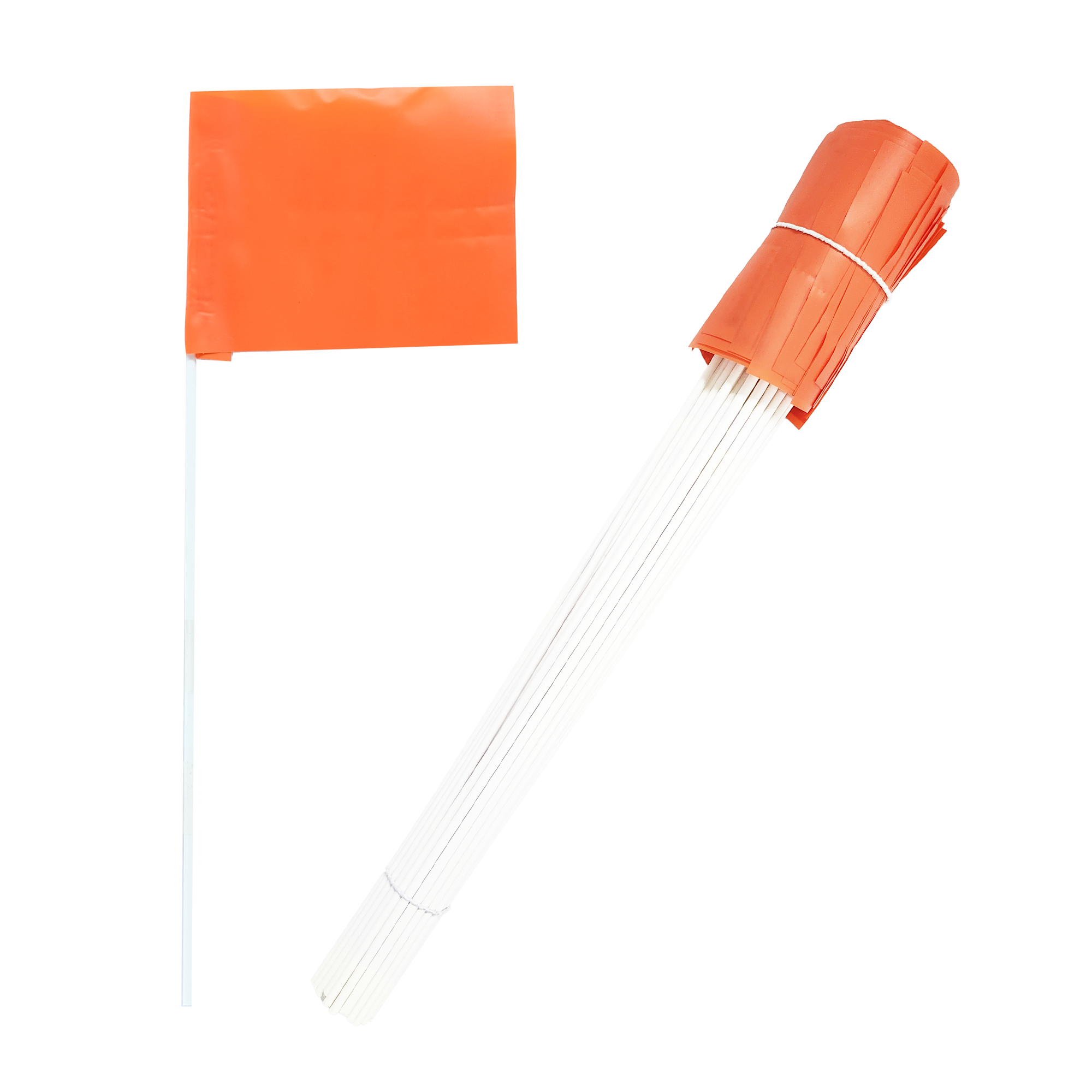 Orange rectangular flag on white pole and bundled orange flags with white stems.