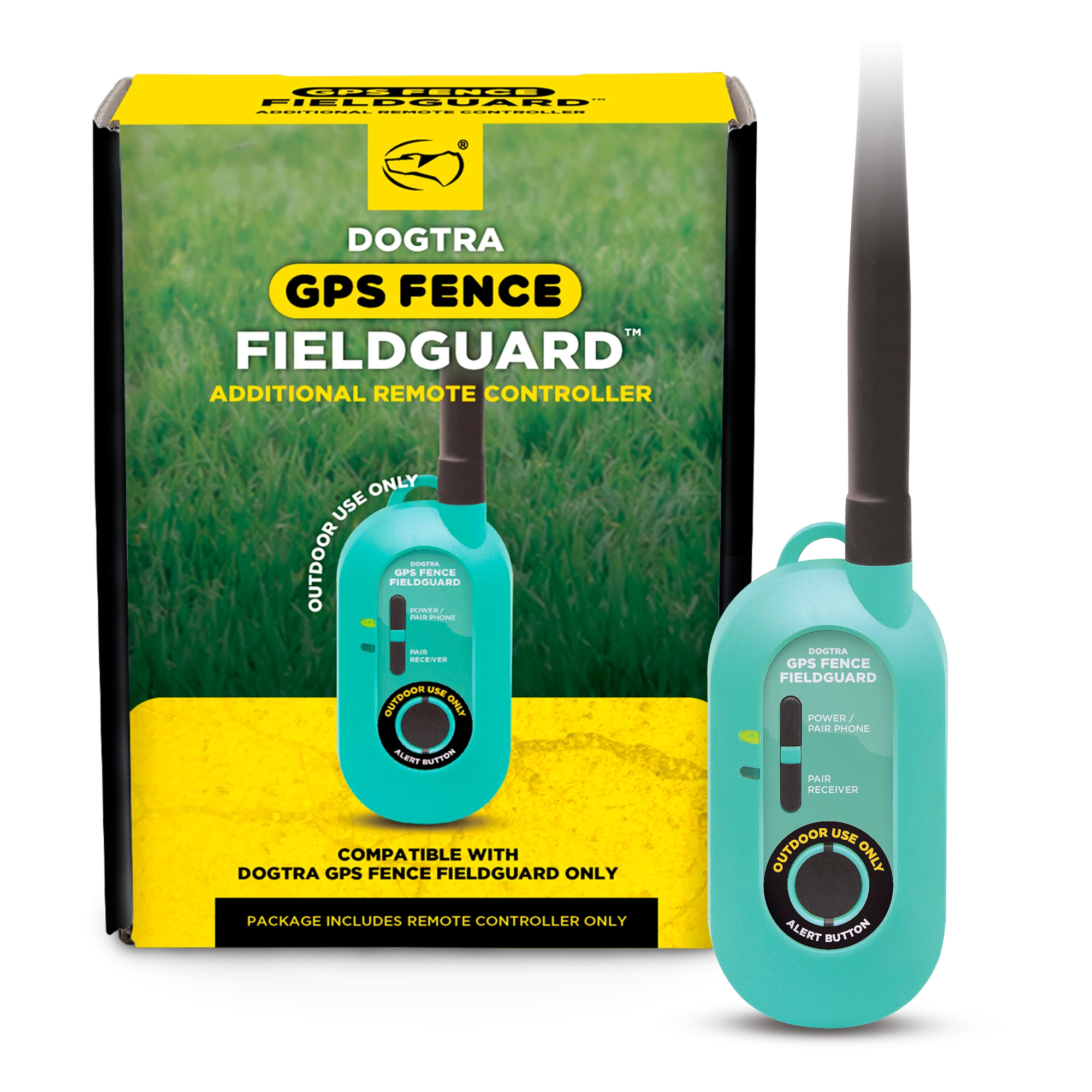 Turquoise Dogtra GPS Fence FieldGuard remote controller with black antenna and control buttons.