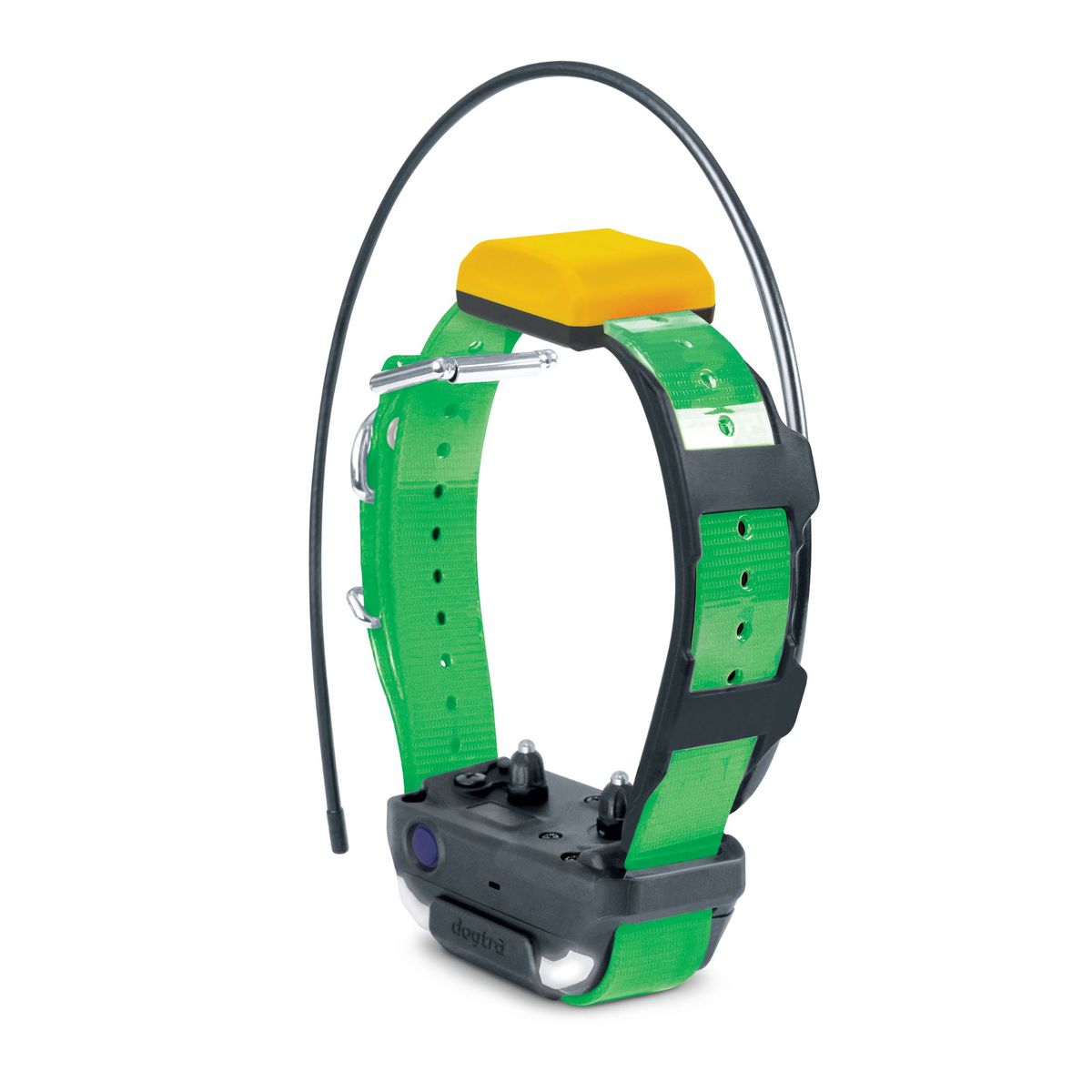 Green and black electronic collar with yellow top pad, curved antenna, and black receiver module with light.