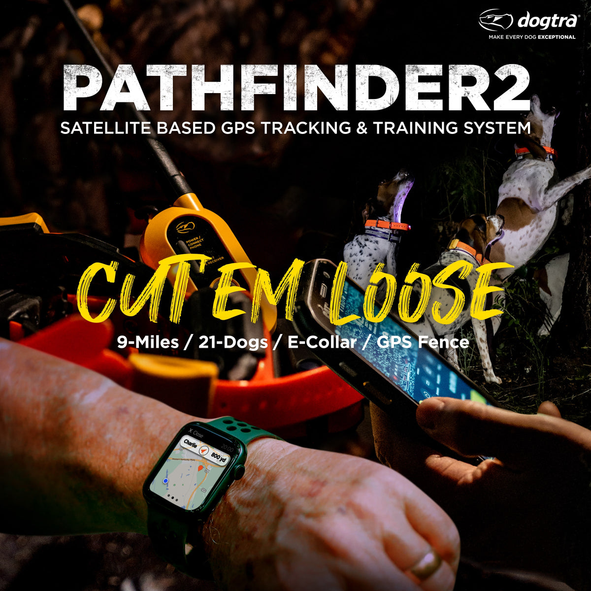 Green GPS dog collar with orange handheld device and smartwatch displaying tracking map for canine monitoring.