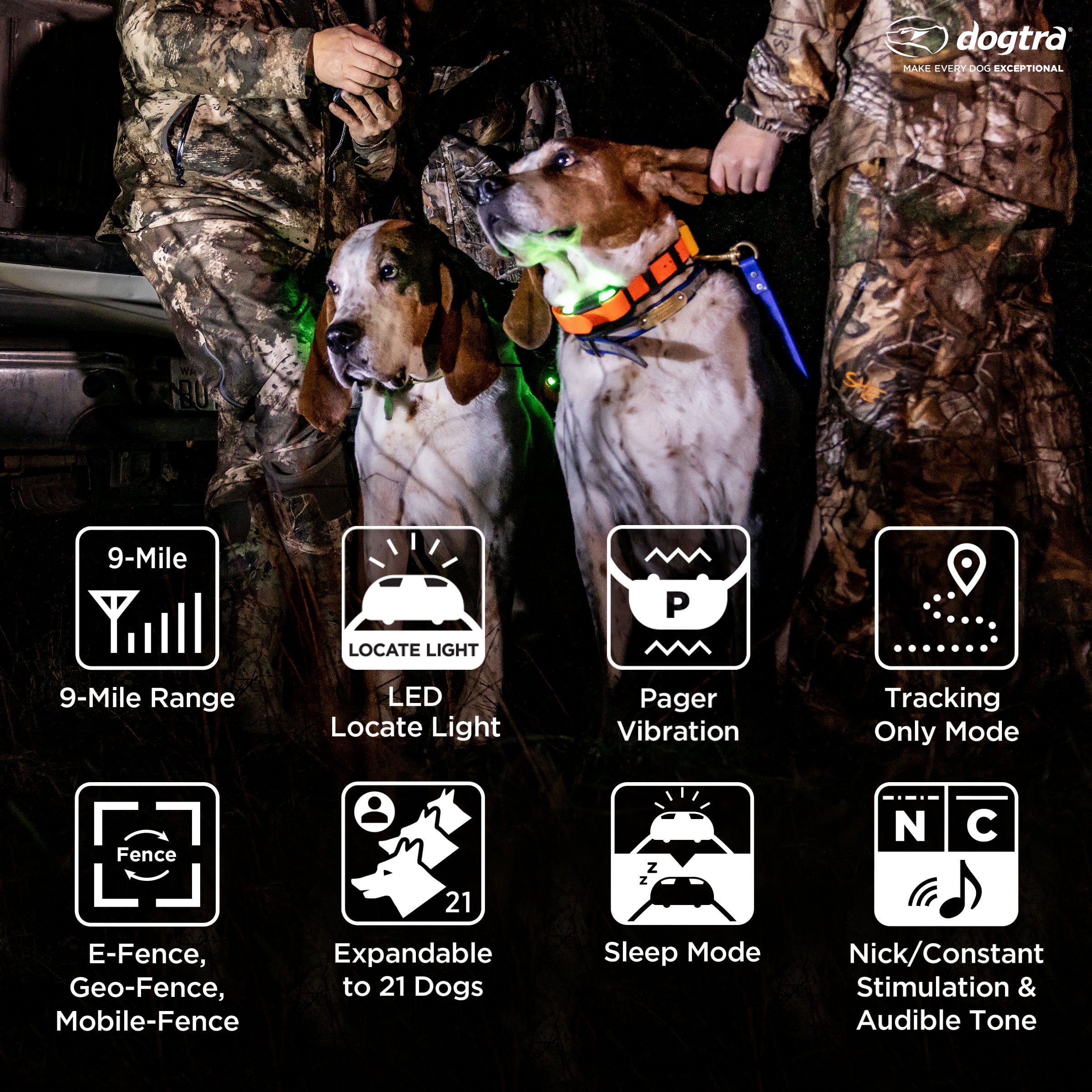 Two hunting dogs wearing green and orange GPS collars stand with handlers in camouflage clothing.