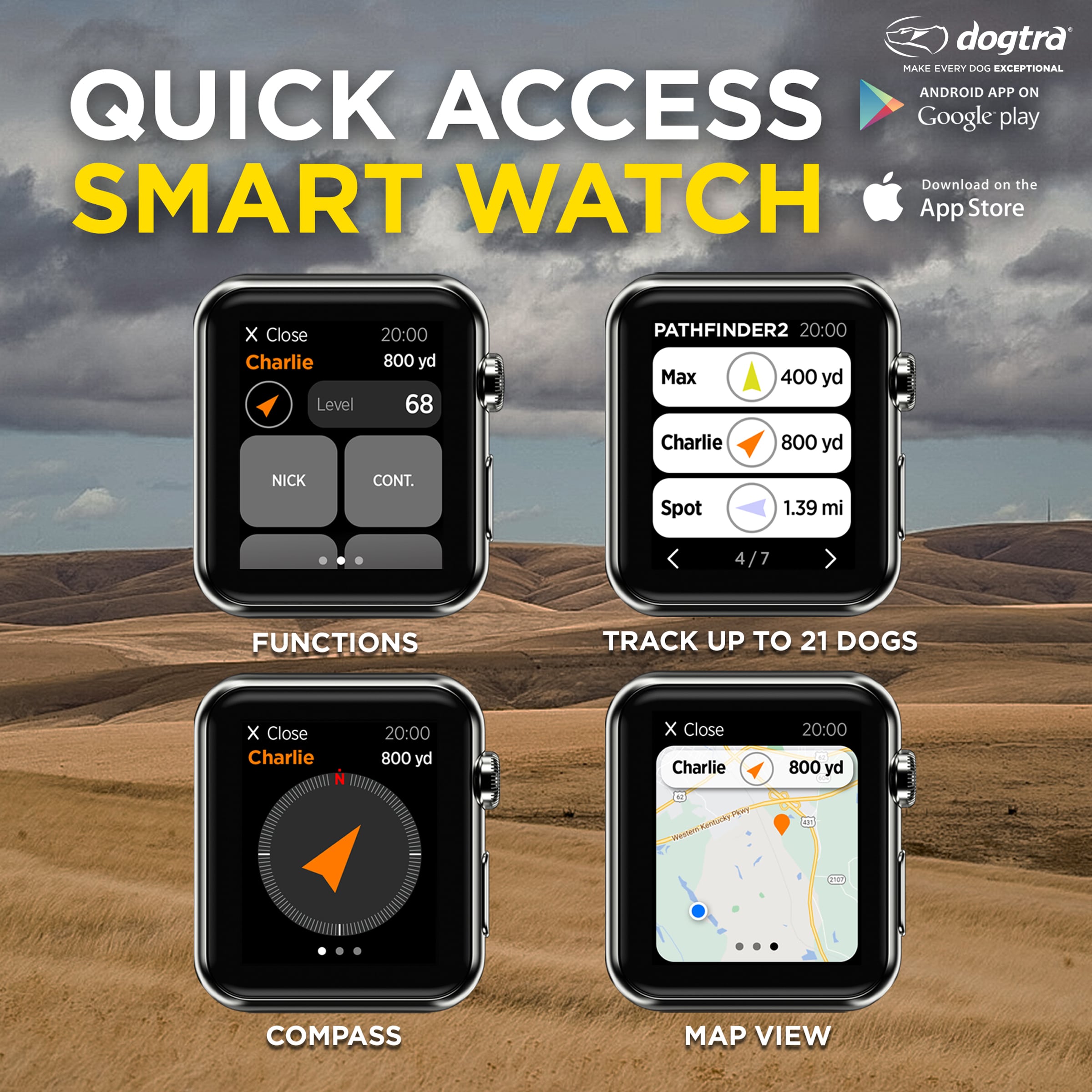 Four smartwatch screens displaying GPS tracking functions including distance, compass, and map view for dog locations.