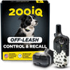 Black and white dotted remote training collar with black charging case displayed next to product packaging.