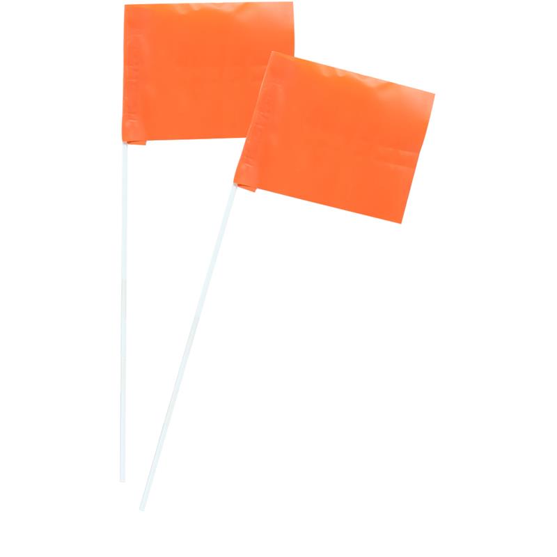 Two orange rectangular flags mounted on white plastic poles.