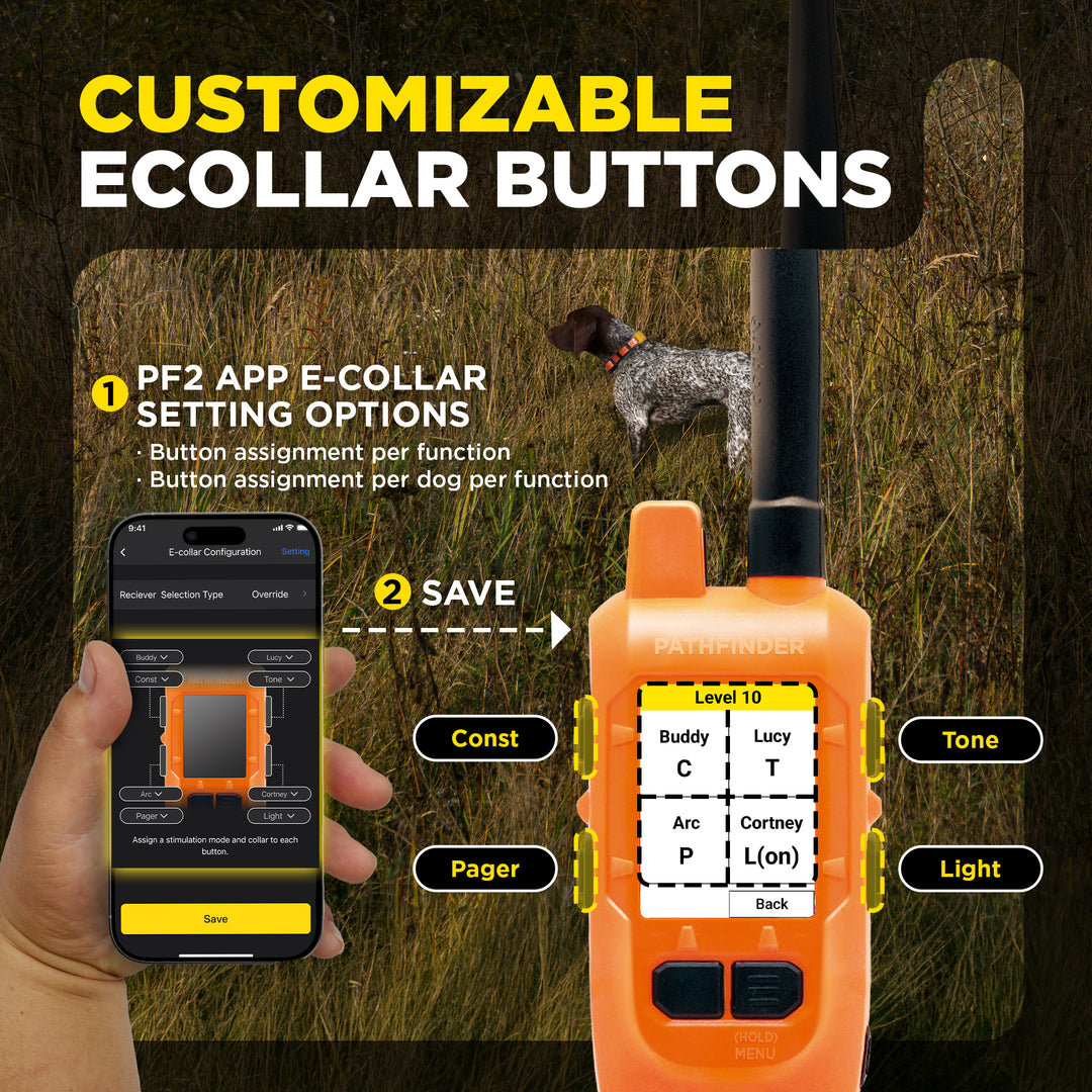 Orange e-collar device with customizable buttons and smartphone app interface on a grassy background.
