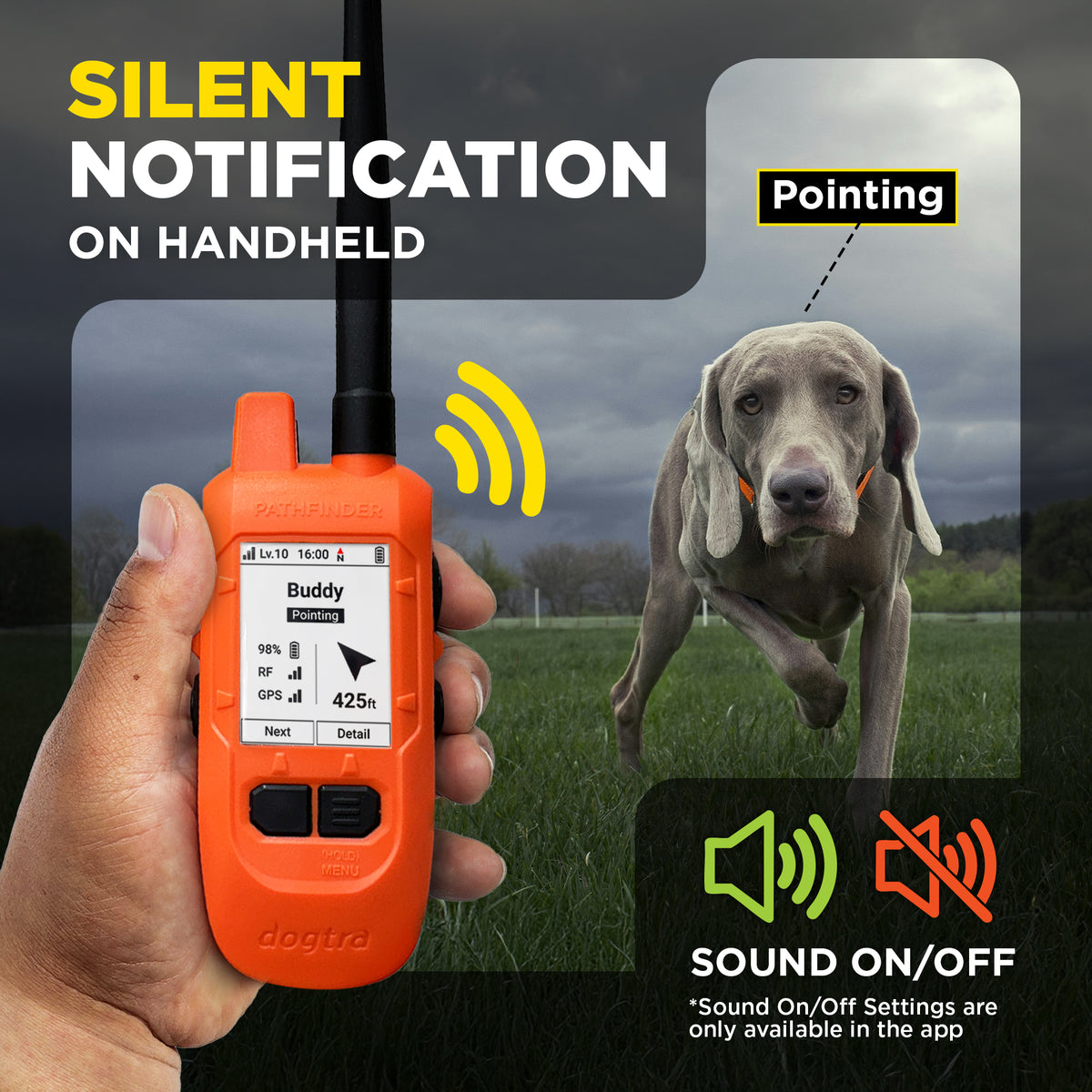 Orange handheld GPS device with display screen held in hand, showing dog tracking interface with pointing dog in field.