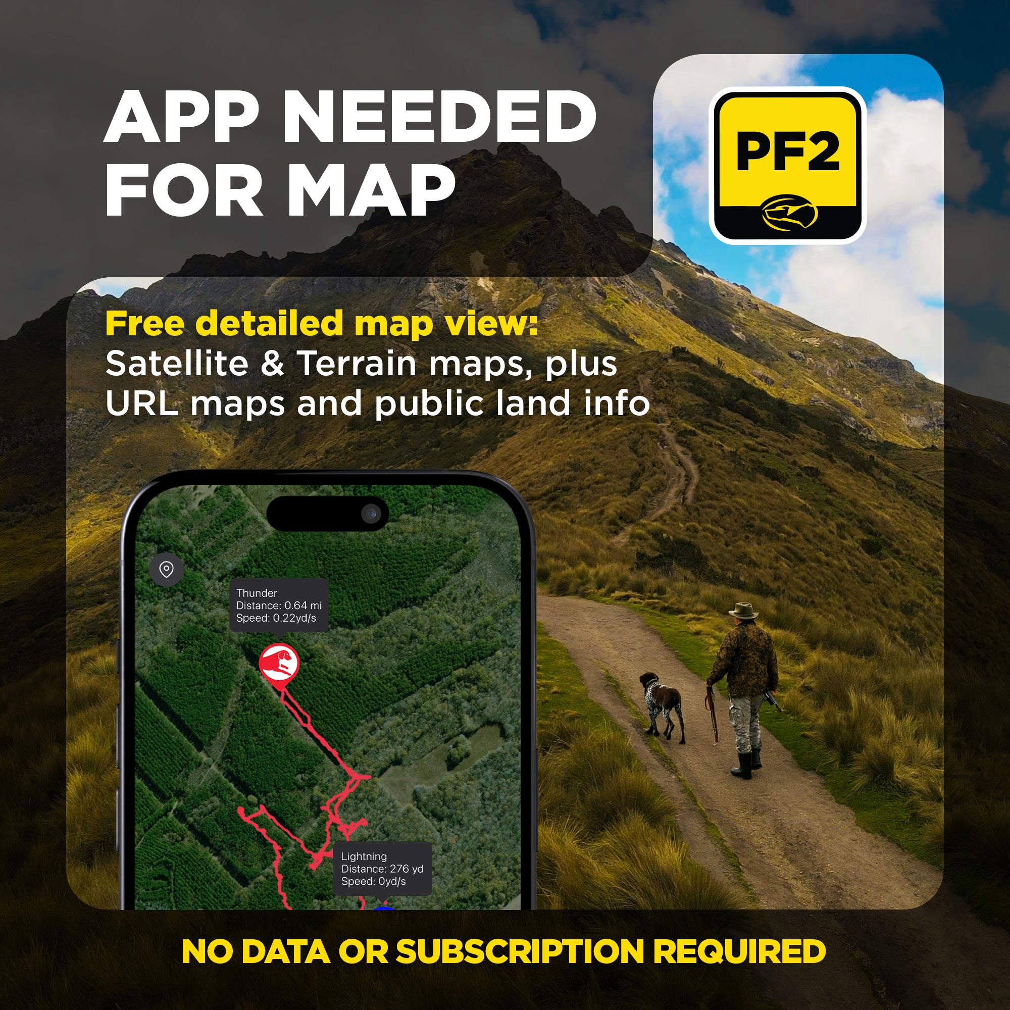 Phone displaying map app with mountain and hiking scene, PF2 app icon visible
