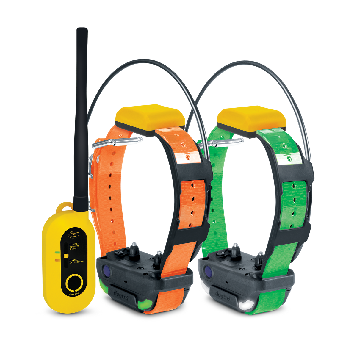 GPS dog collar bundle with yellow handheld device, orange collar, and green collar with antennas and yellow tops.