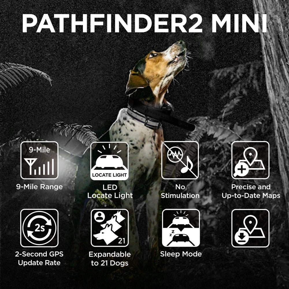 Black Pathfinder2 Mini receiver device with feature icons displaying range, GPS, light, and mapping capabilities.