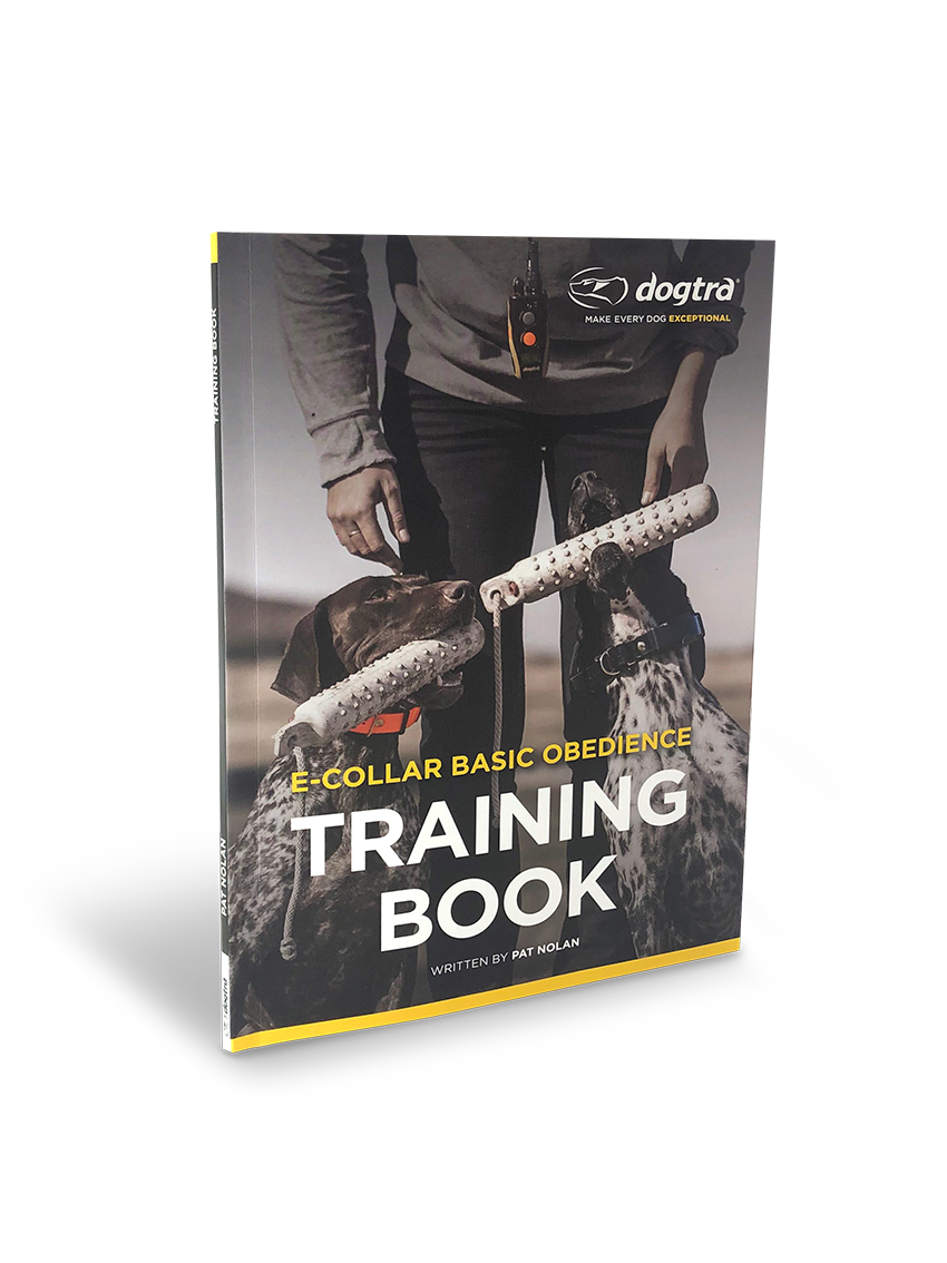 Dogtra e-collar basic obedience training book by Pat Nolan with two dogs and trainer holding leash and training device.