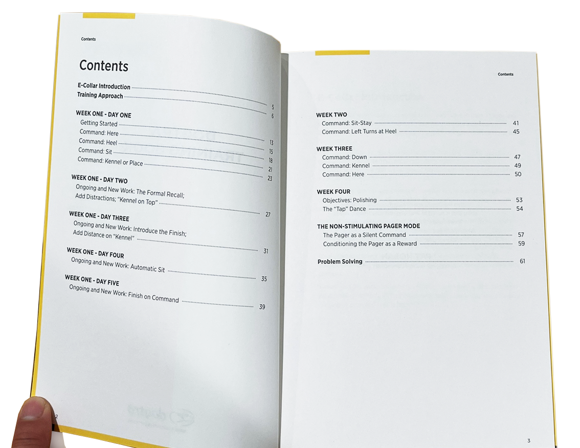 Open training book with contents pages showing chapter listings for e-collar training weeks one through four.