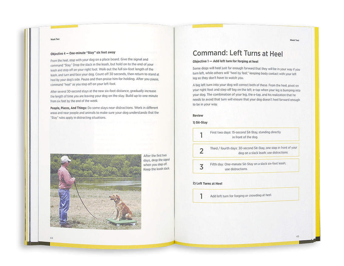 Open training manual with yellow accents showing dog training instructions, numbered steps, and photograph of handler with do
