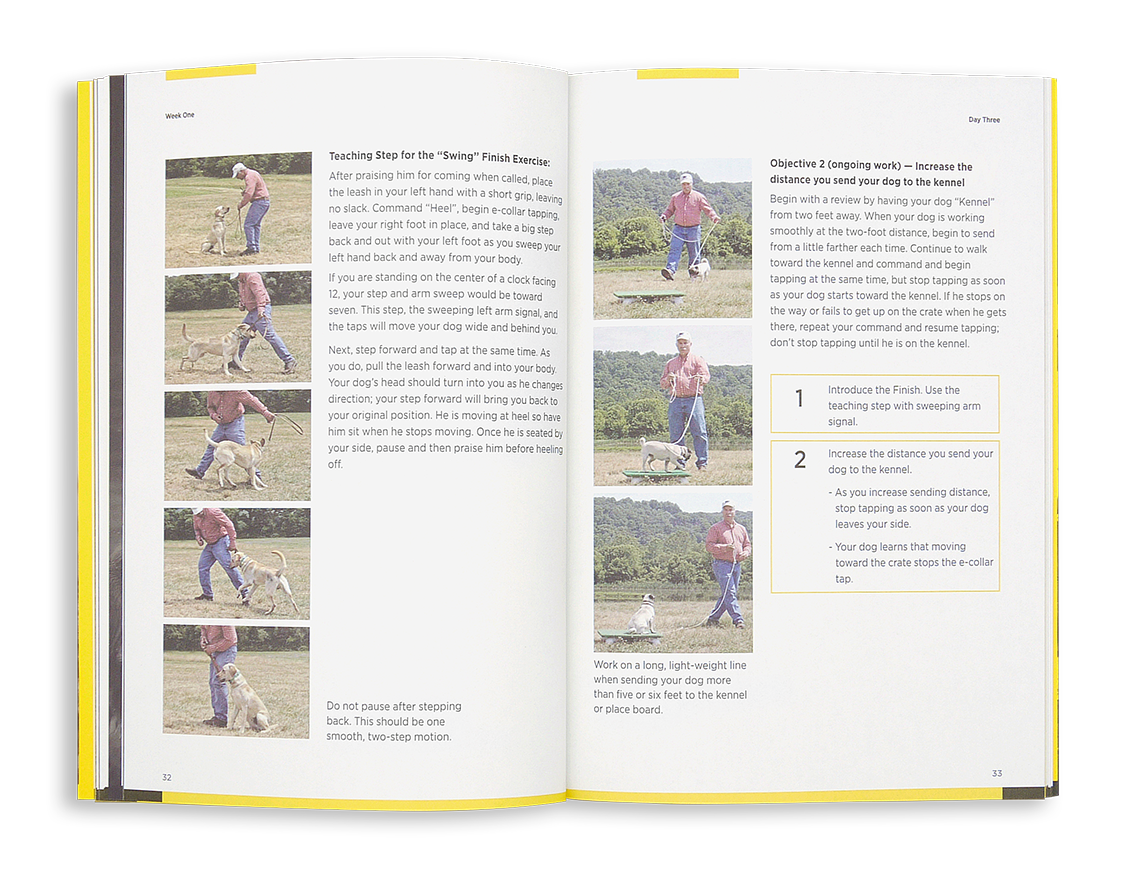 Open training book showing dog training exercises with step-by-step photos and instructional text about e-collar training tec
